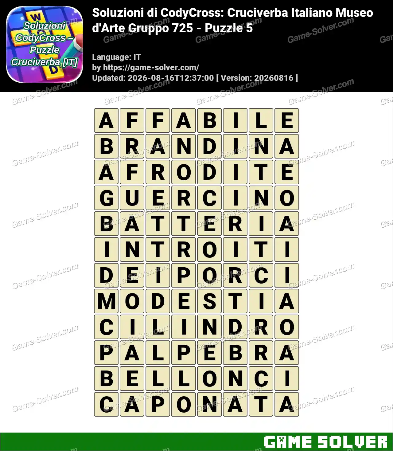 Soluzioni di CodyCross: Cruciverba Italiano Museo d’Arte Gruppo 725 – Puzzle 5